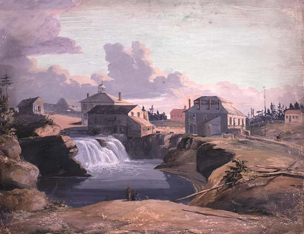 Vue sur le moulin à scie et la taverne de Philémon Wright, peinture de Henry DuVernet, 1823