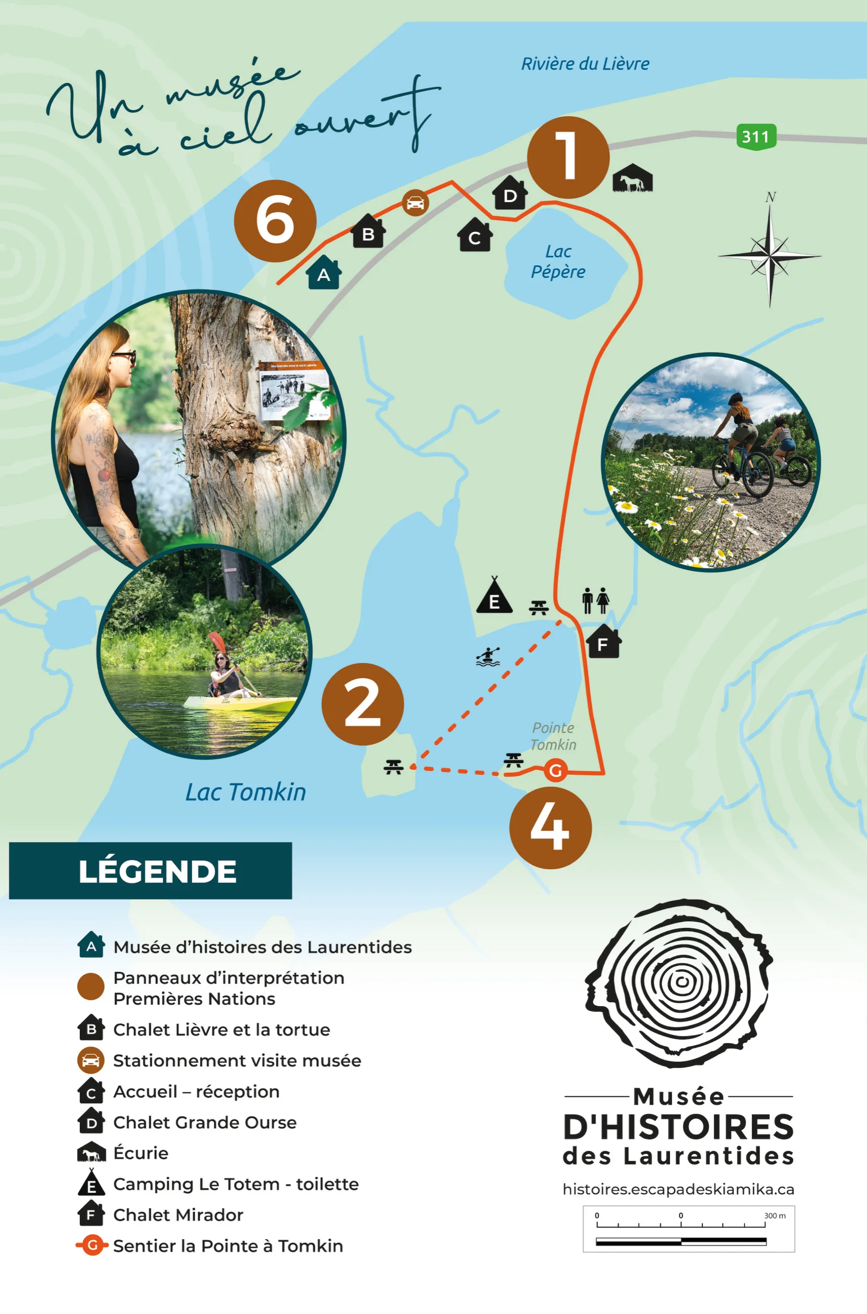 Carte du Musée d'histoires des Laurentides — plan du parcours à ciel ouvert : accueil, musée, repère et île de Tomkin
